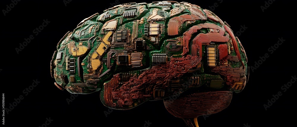 Poster a visually striking image of a brain composed of circuit board elements, symbolizing the fusion of t