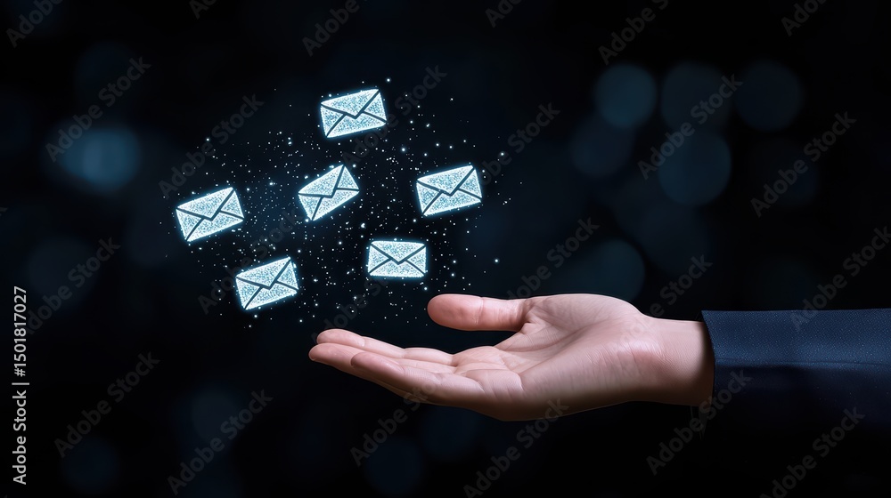 Poster glowing emails floating above hand with sparkling effects in dark background for digital communicati