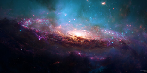 Fototapeta premium Space nebula with blue and purple cosmic clouds and stars. Galaxy and cosmos concept. Image for banner, poster, wallpaper, abstract background with copy space.