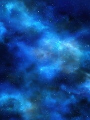 Deep blue cosmic nebula with starlight and clouds of interstellar gas in a vertical abstract space background