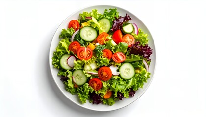Minimalist food composition, one plate with colorful salad, top view, white background, soft natural lighting, shadows, high contrast, clean layout