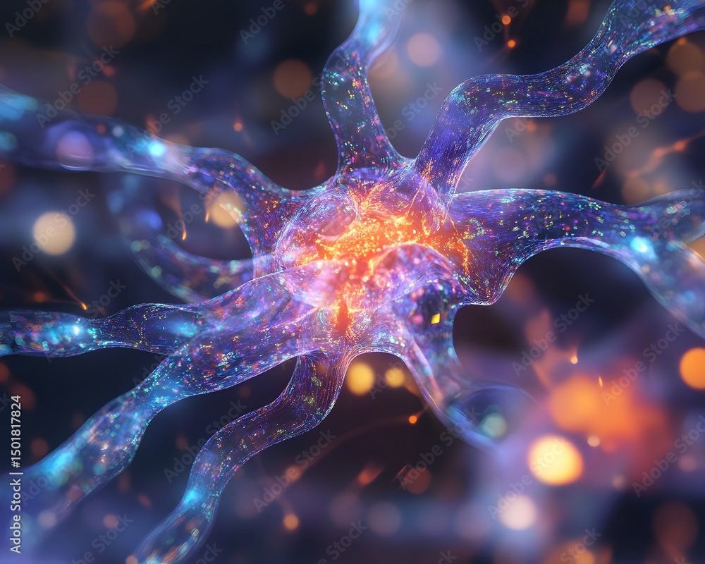 Poster an intricate depiction of a neuron showcasing its vibrant connections and activity. this image symbo