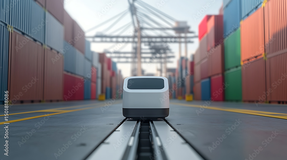 Poster autonomous vehicle at a port. automated transport on rails amidst stacked containers, exemplifying l