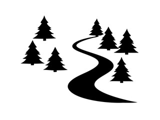 Snowy Forest Trail Winding Through Pine Trees In A