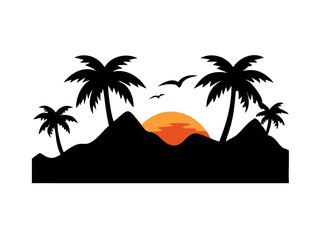 Tropical Jungle Mountains With A Glowing Sunset Sk