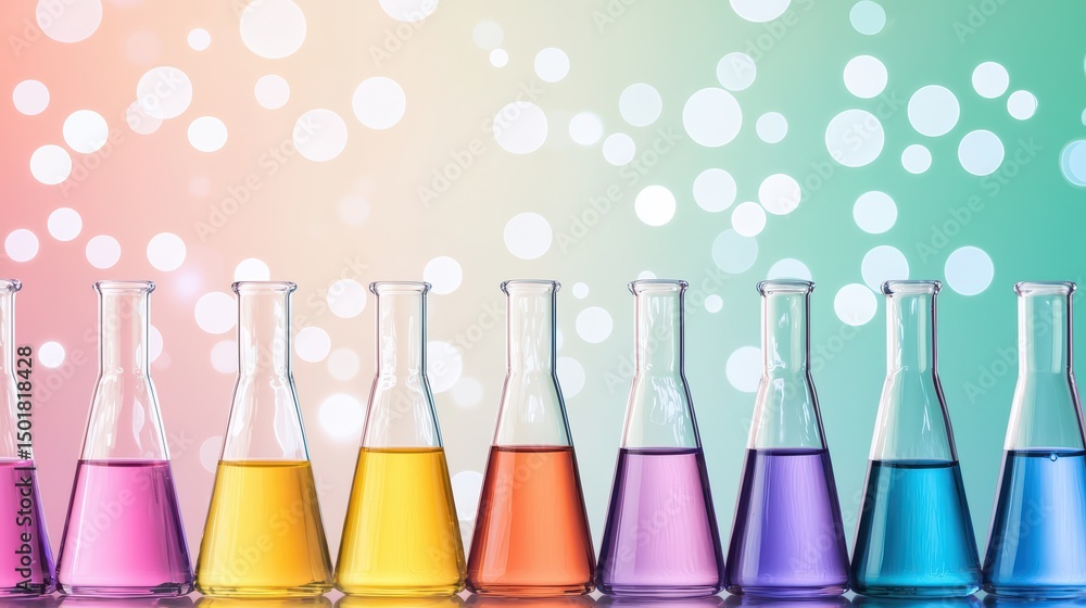 Aufkleber colorful laboratory glassware with various liquids on a colorful bokeh background suitable for scien