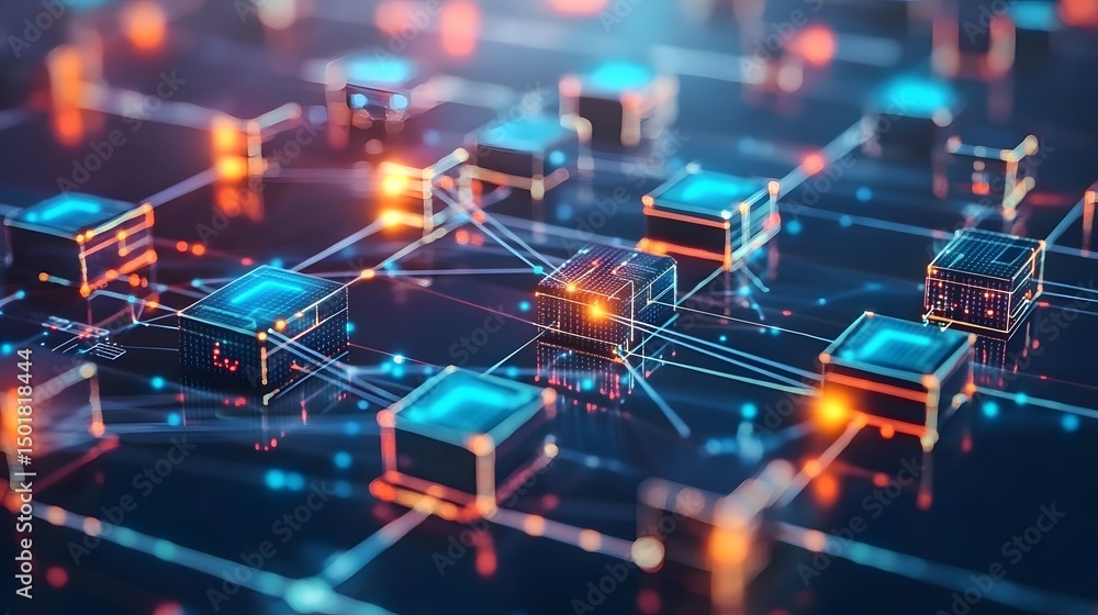 Poster futuristic digital network visualization with interconnected nodes and vibrant glowing lights, repre