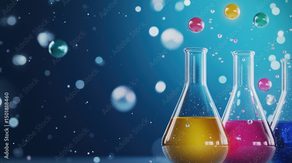 Poster colorful laboratory glassware with bubbles and abstract background for science and experimentation t