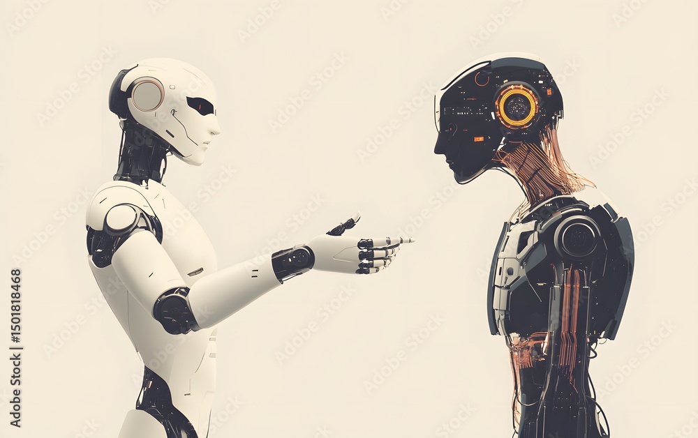 Poster futuristic interaction between humanoid robots showcasing advanced design and technology, highlighti
