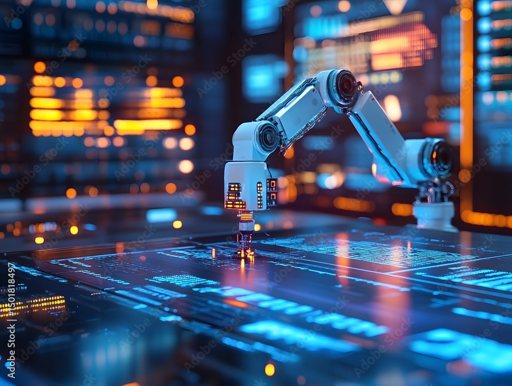 Poster futuristic robotic arm working on a digital interface in a high-tech environment.