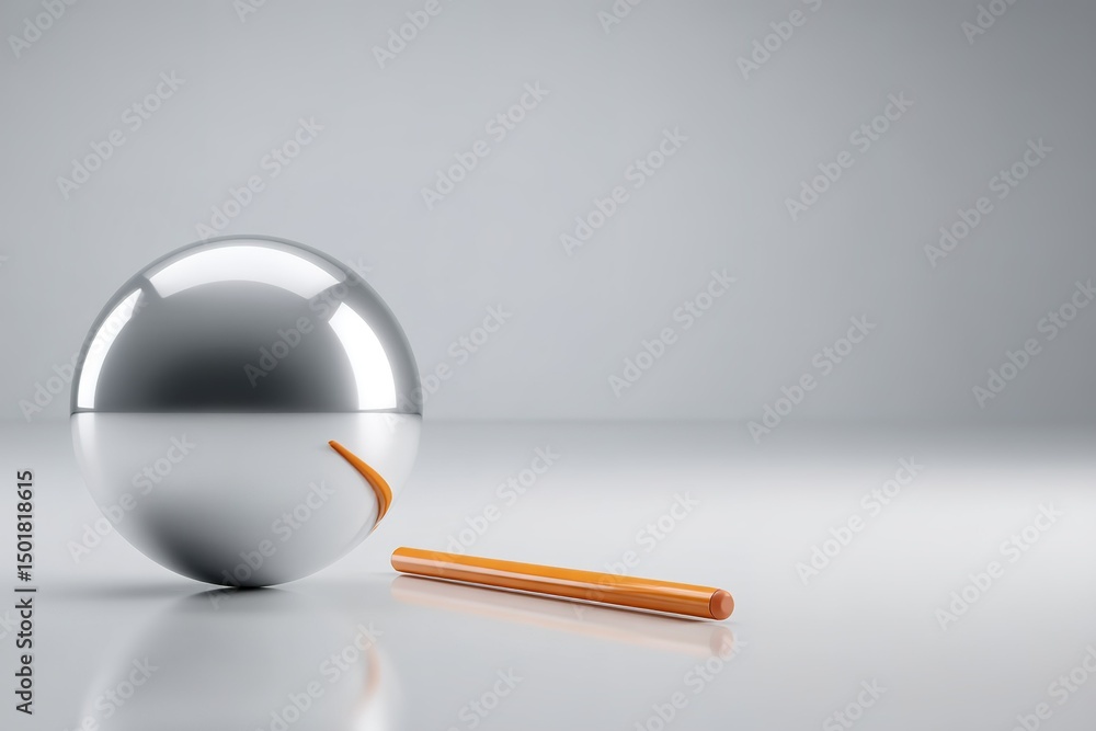 Poster reflective silver sphere and orange stick placed on a smooth surface with soft lighting in a minimal