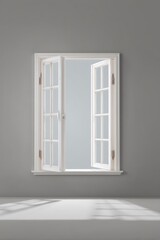 Open window interior shot with natural light and gray wall background in a minimalist style home decor