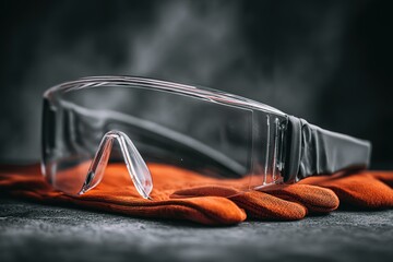 Protective goggles and gloves placed on a textured surface ready for use in a workshop or laboratory environment