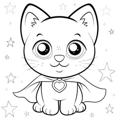 Adorable Superhero Kitten Coloring Page Big Eyes, Cute Cape