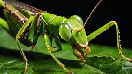 praying mantis on green leaf closeup macro 