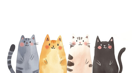 Cute watercolor illustration of four colorful cats in a row with blushing cheeks. Playful and charming animal art on white background, perfect for children’s design or pet-themed decor.