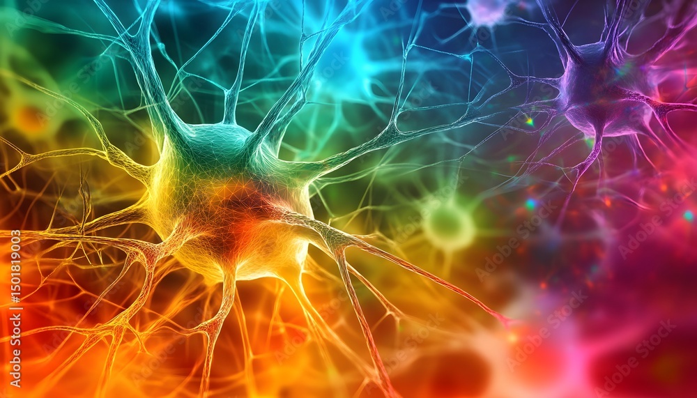 Poster vibrant and colorful depiction of neurons, showcasing the intricate structure of nerve cells amidst 
