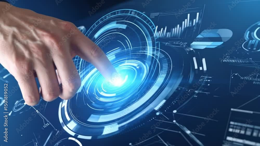 Aufkleber futuristic technology interface with finger touching and activating data visualization