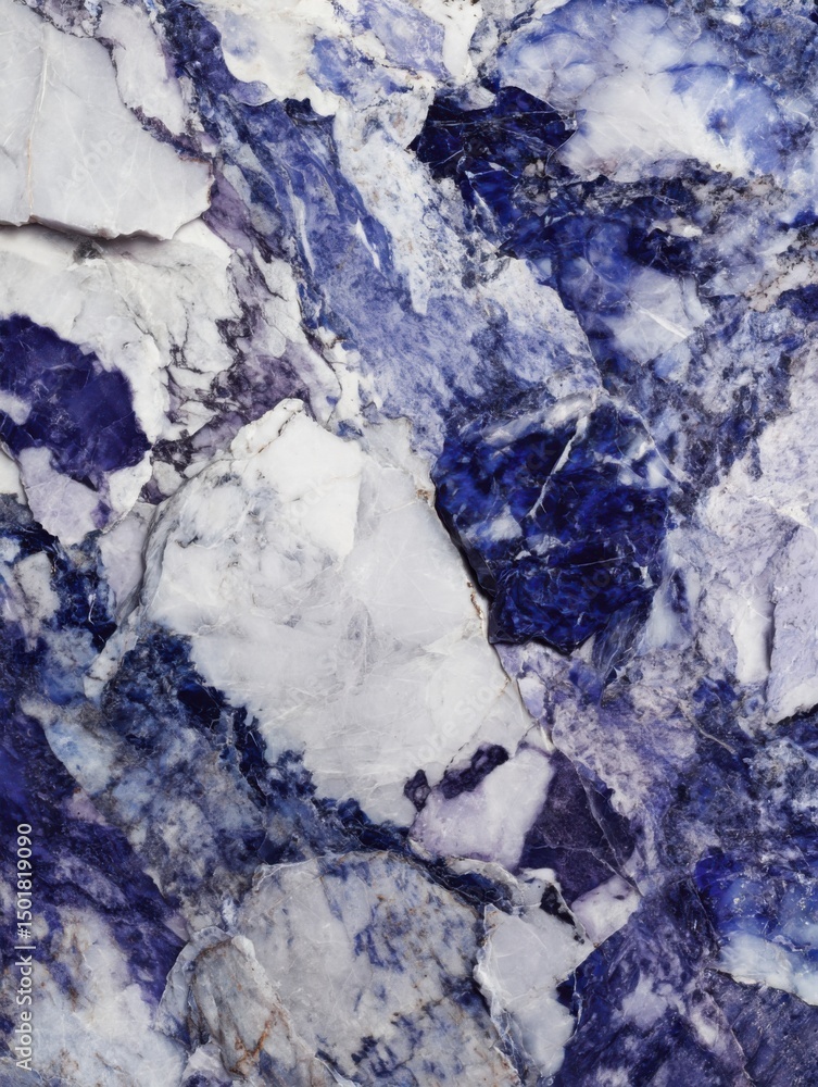 Poster close-up of sodalite stone surface with white and blue veins in a vertical composition showing textu