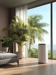 Air purifier in modern bedroom with tropical plants and city view, bright sunlight, interior design, home appliance
