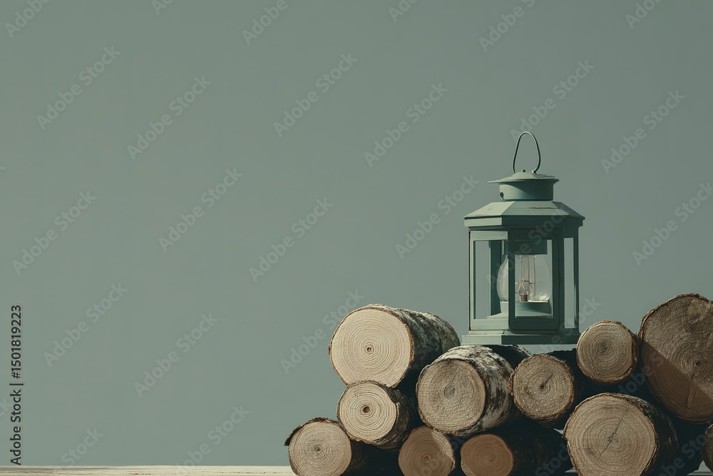 Poster rustic lantern placed on a stack of wooden logs against a minimalistic gray background