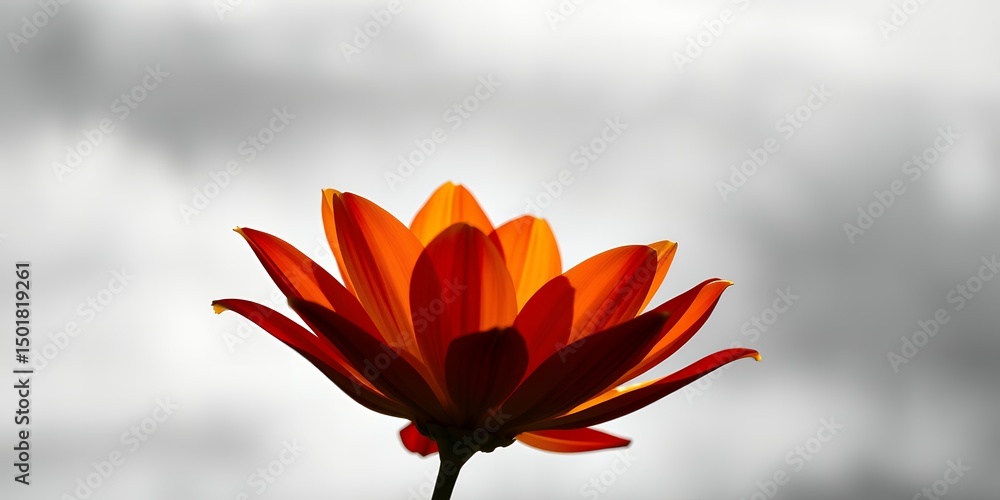 Poster a close up of an orange flower with a gray background and a single stem in the center view