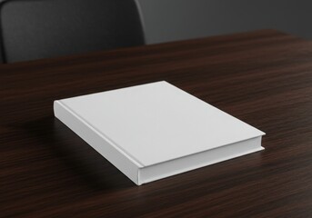 Fototapeta premium Blank white hardcover book mockup resting on a dark polished wooden table in a softly lit room offering a clean minimalist space for creative design and copy