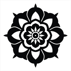Black and White Intricate Floral Emblem with Symmetrical Design on White Background