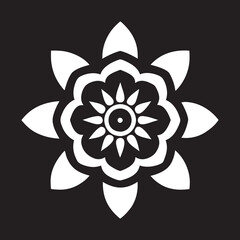 Elegant Black and White Floral Crest with Symmetrical Layers on Black Background