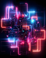 Obraz premium Futuristic neon circuit design digital space abstract art high-tech environment close-up view cyber concept