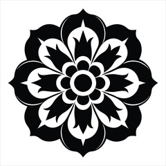 Intricate Black and White Floral Emblem with Symmetrical Petals on Black Background
