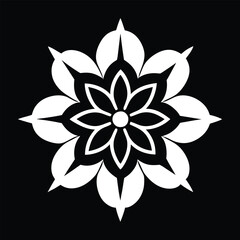  Intricate Black and White Floral Emblem with Symmetrical Petals on Black Background