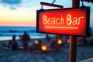 Beach bar neon sign at sunset inviting you in for drinks. Perfect spot for a tropical vacation. Beach nightlife, seaside relaxation, and summer vibes.