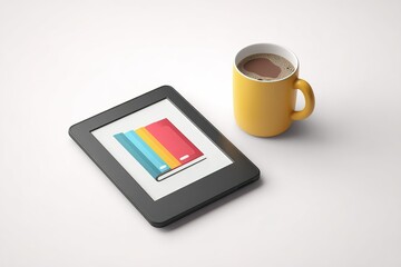 Colorful books on tablet with yellow mug of coffee on table in a cozy indoor setting