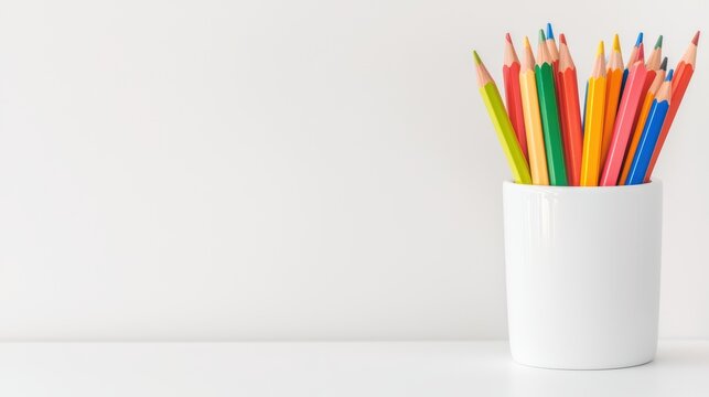 Brightly colored pencils in a white cup for creative arts and crafts projects on a minimalist background
