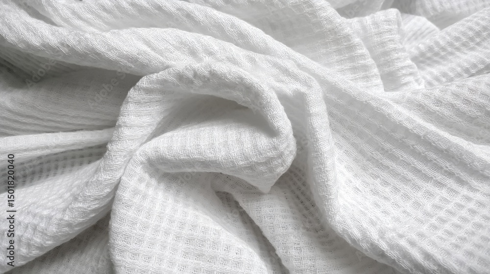 Poster abstract close-up of white waffle weave fabric texture with soft folds and shadows for background or