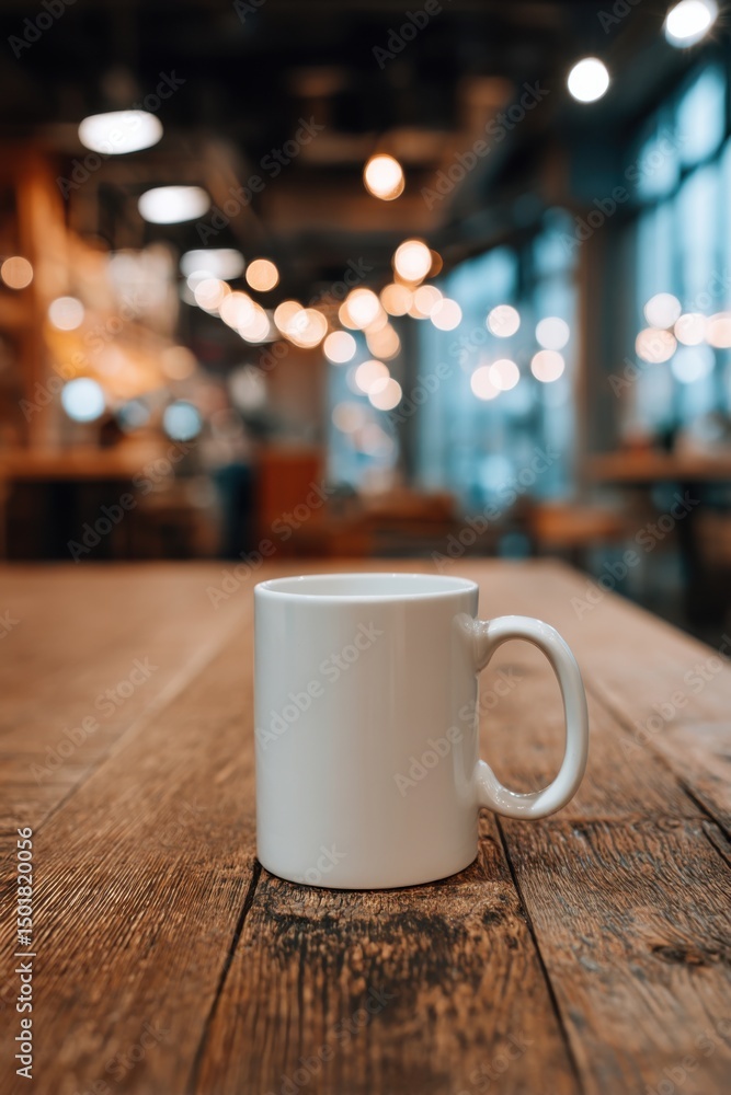 Aufkleber white mug on wooden table in cafe setting close up shot with bokeh background lights and window