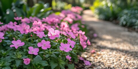 Pink geraniums line a sundappled garden path