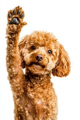 Fototapeta premium Playful dog lifting paw, looking directly at viewer. Fluffy, light brown coat. Cute expression