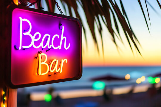 Neon sign announcing a seaside bar. The colorful lighting adds to the tropical beach atmosphere at dusk, inviting patrons to relax and enjoy the scenery. - Powered by Adobe