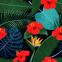 Tropical Leaves and Hibiscus, and Strelitzia Flowers seamless pattern. Summer background. Vector illustration in flat style