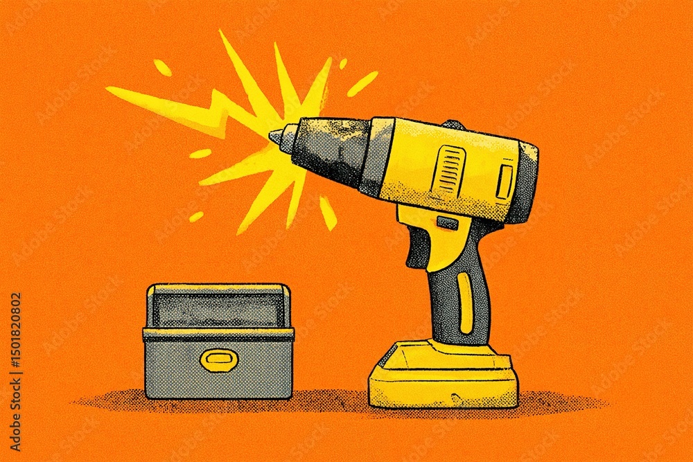 Poster cordless drill producing sparks in a workshop setting during daytime hours