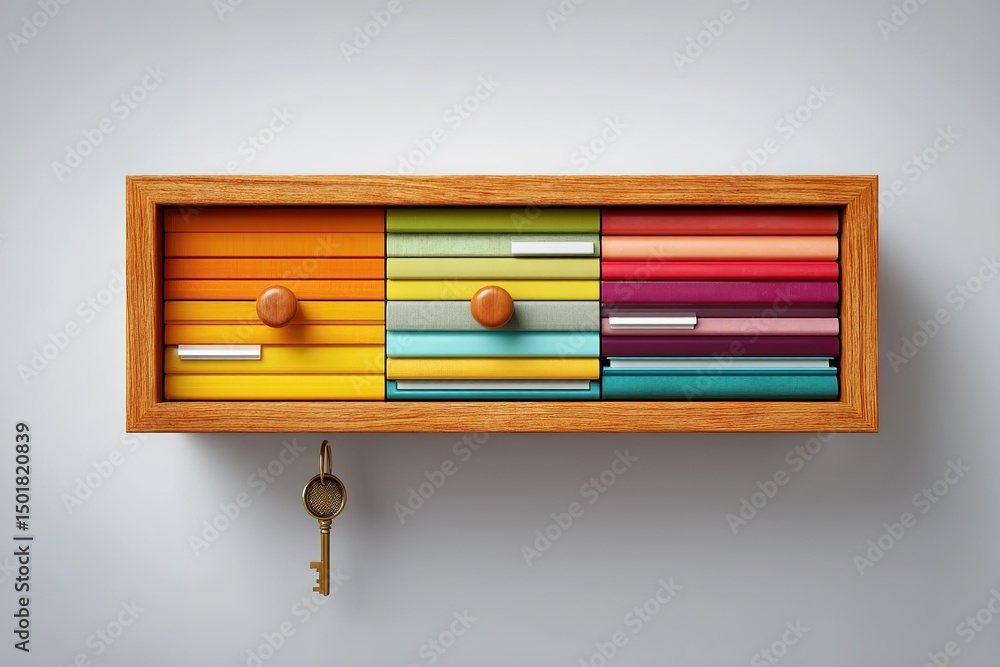 Poster Colorful drawer unit with multiple compartments and a key resting beside it on a plain background