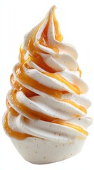 Delicious soft serve ice cream with caramel sauce in studio shot on white background creamy dessert close up