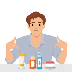 Man pointing at various skincare products, suggesting a skincare routine or product recommendation. Flat vector illustration isolated on white background
