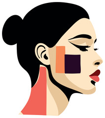 Abstract artistic portrait sticker of a woman in profile, made in a minimalist graphic style with elements of geometric shapes and bright color blocks that highlight facial features and hair.