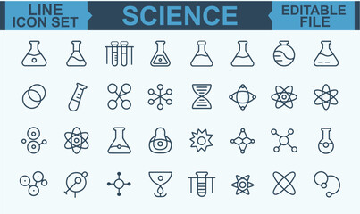 Science Line Icon Set Featuring Editable Stroke Vector Symbols for Physics, Chemistry, Biology, Laboratory Research, and Educational
