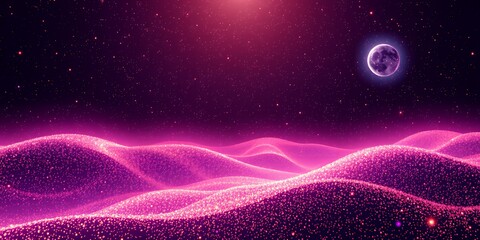 Obraz premium A dreamy landscape with pink dunes under a starry sky and a full moon glowing in the distance