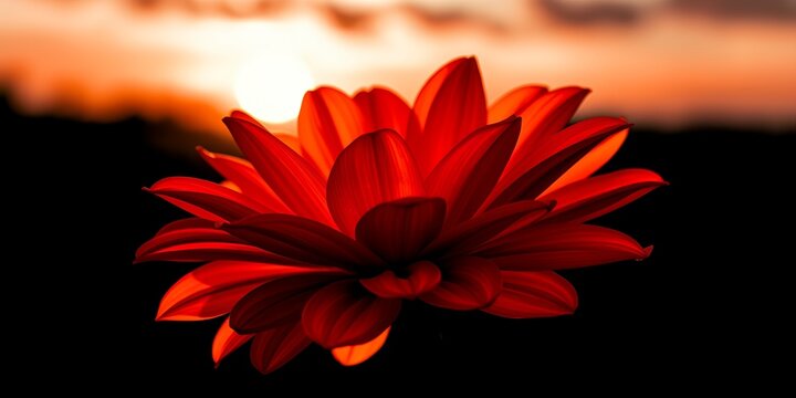 A vibrant red flower with layered petals against a dark background and a blurred sunset glow