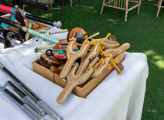 Slingshots and other kids toys for sale at spring knights festival in Petah Tikva city in Israel